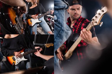 KYIV, UKRAINE - 25 Ağustos 2020: Rock grubu provası sırasında elektro gitar çalan müzisyenlerin kolajı 