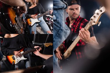 KYIV, UKRAINE - AUGUST 25, 2020: Collage of musicians playing electric guitars during rock band rehearsal  clipart