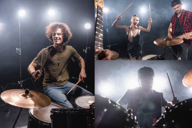 KYIV, UKRAINE - AUGUST 25, 2020: Collage of rock band drummers and blonde woman with drumsticks shouting while sitting near musician playing electrical guitar clipart