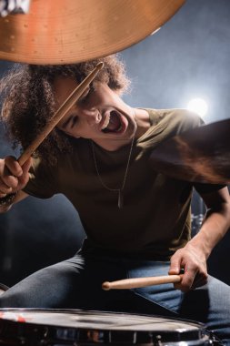 Curly musician shouting while playing drum with drumsticks on blurred foreground clipart