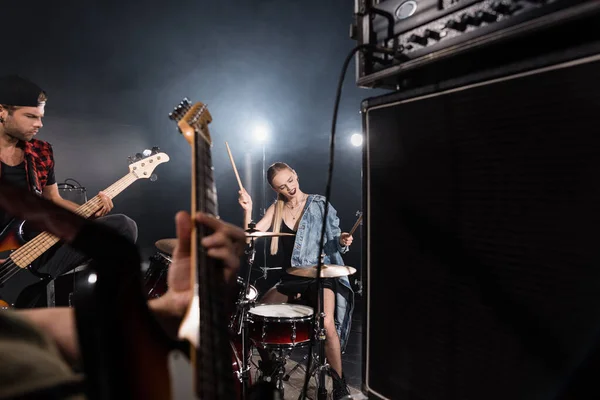 Kyiv Ukraine August 2020 Blonde Woman Closed Eyes Playing Drums — Stock Photo, Image