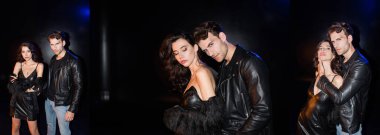 Seksi çiftin kolajı, kadının boynuna dokunan erkek, siyahtaki kameraya bakıyor, afiş.