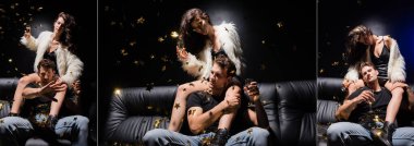 Collage of sexy woman sitting behind boyfriend holding glass of champagne showing no gesture on sofa with confetti falling in nightclub, banner clipart
