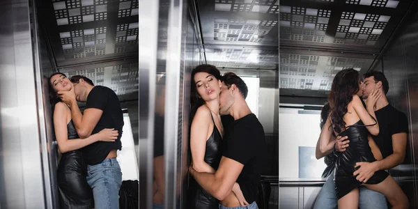 Colagem Homem Apaixonado Beijando Pescoço Mulher Sexy Tocando Nádega Elevador — Fotografia de Stock