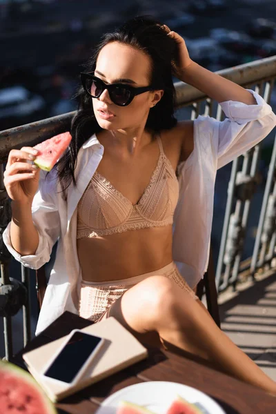 Brunette Woman Beige Underwear White Shirt Eating Watermelon Balcony — Stock Photo, Image