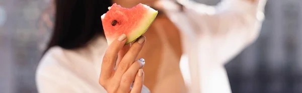 Cropped View Brunette Woman Beige Underwear White Shirt Eating Watermelon — Stock Photo, Image