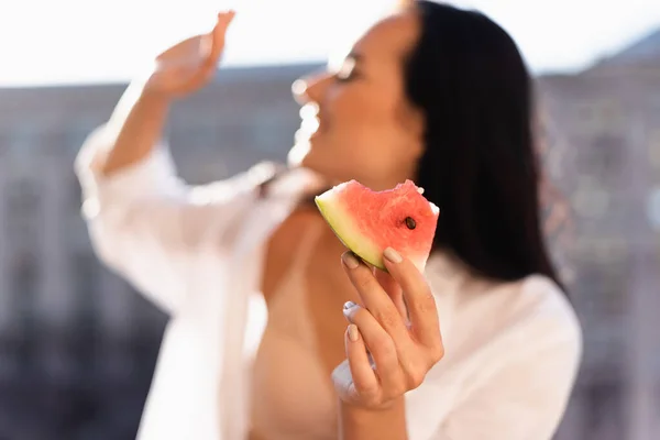 Brunette Woman Eating Watermelon Balcony Covering Face Palm — Stock Photo, Image