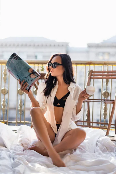 Woman Black Underwear White Shirt Reading Magazine Sitting Blanket — Stock Photo, Image