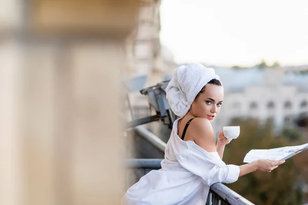 Sexy Young Woman White Shirt Towel Head Holding Newspaper Drinking — Stock Photo, Image