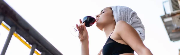 Sexy Young Woman Black Underwear Towel Head Drinking Red Wine — Stock Photo, Image