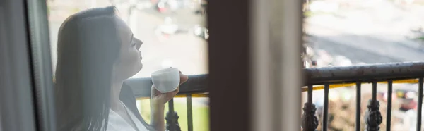 Brunette Woman Closed Eyes Drinking Tea Sitting Balcony Horizontal Banner — Stock Photo, Image