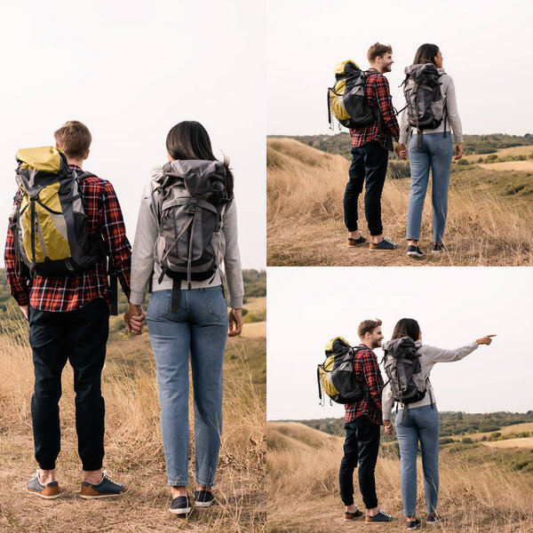 Collage of interracial hikers with backpacks holding hands on lawn  