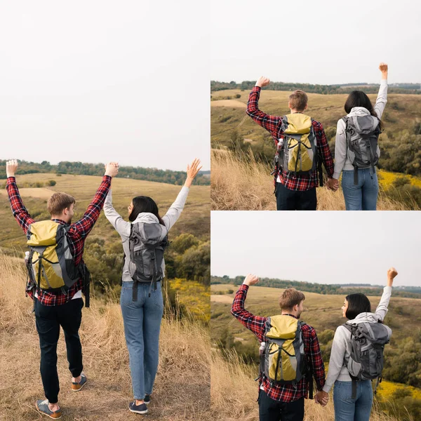 Collage Cheerful Interracial Couple Backpacks Standing Landscape Blurred Background — Stock Photo, Image