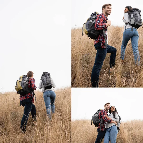 Collage Sonriente Pareja Multiétnica Caminando Con Mochilas Colina Cubierta Hierba — Foto de Stock