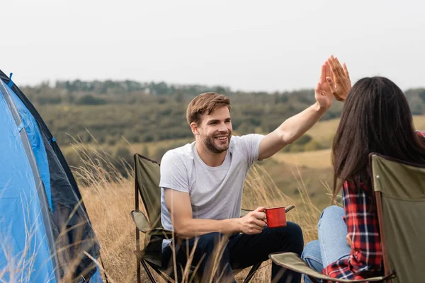 Smiling Man Cup Giving High Five African American Girlfriend Tent — Stock Photo, Image