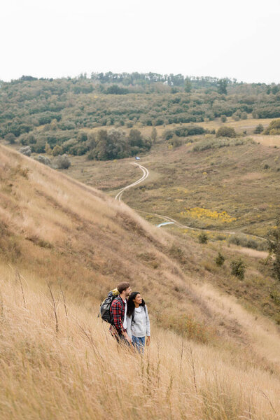 Smiling multiethnic hikers with backpacks looking away on hill with grass on blurred background 