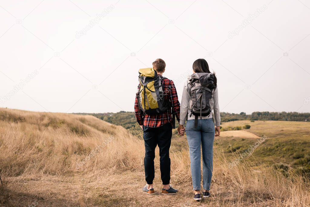 Back view of multiethnic hikers with backpacks holding hands on grassy lawn 