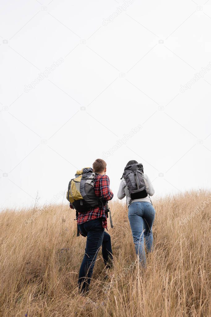 Back view of travelers with backpacks hiking on grassy hill with sky at background 