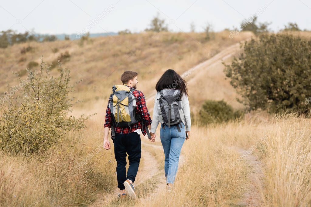 Back view of hikers with backpacks and smartphone holding hands while walking on path 