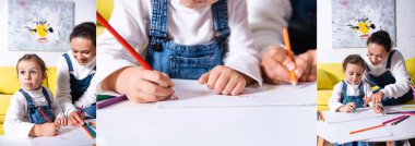 Evde renkli kalemlerle çizim yapan anne ve kız kolajı.