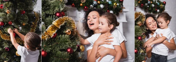 Collage Madre Con Hija Decorando Pino Navidad Cerca Chimenea Casa — Foto de Stock