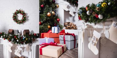 Şöminenin üstünde Noel çelengi, Noel çorapları ve hediye kutuları.