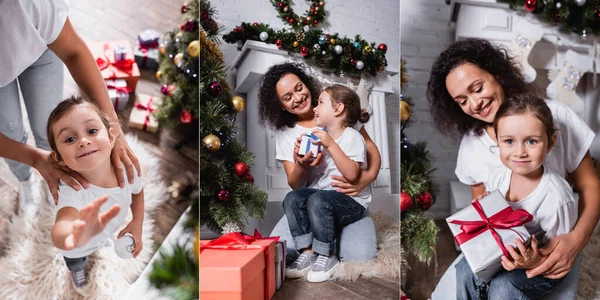 Collage of girl and mother with gift boxes near fireplace at home