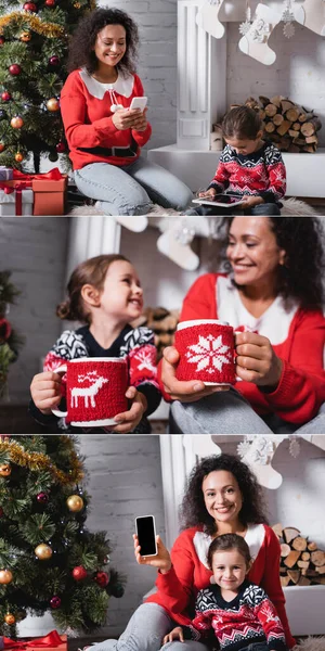 Collage Mother Daughter Holding Cups Using Gadgets Fireplace — Stock Photo, Image