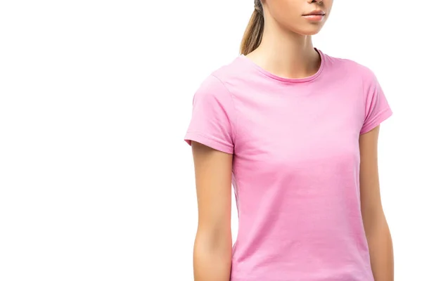 Vista Recortada Mujer Joven Camiseta Rosa Aislada Blanco Concepto Cáncer — Foto de Stock