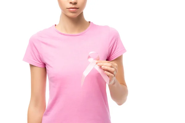 Cropped View Young Woman Holding Pink Ribbon Isolated White — Stock Photo, Image