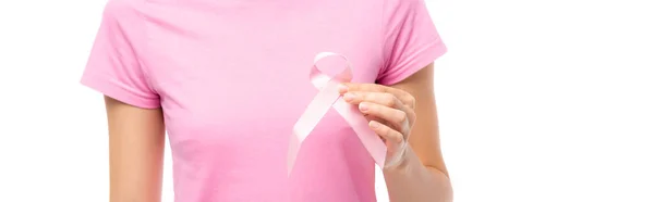 Горизонтальное Изображение Женщины Розовой Лентой Изолированной Белом Концепция Рака Молочной — стоковое фото