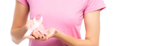 Panoramic Orientation Young Woman Showing Pink Ribbon Isolated White — Stock Photo, Image