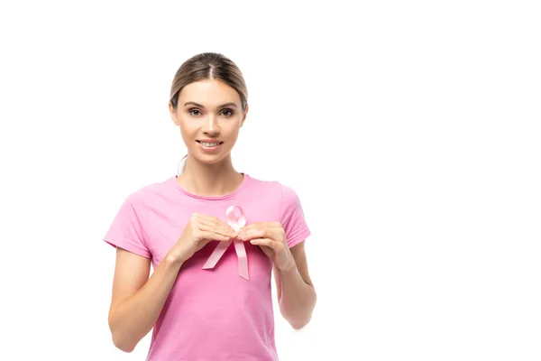 Young Woman Pink Shirt Holding Breast Cancer Awareness Ribbon Isolated — Stock Photo, Image