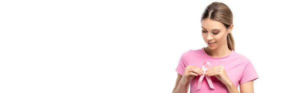 Horizontal Crop Brunette Woman Holding Pink Ribbon Cancer Awareness Breast — Stock Photo, Image