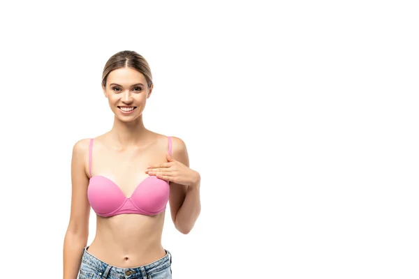 Brunette Woman Touching Pink Bra While Looking Camera Isolated White — Stock Photo, Image