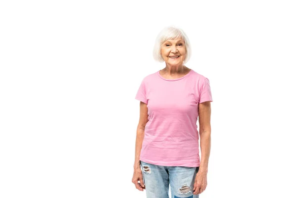 Mujer Mayor Camiseta Rosa Mirando Cámara Aislada Blanco — Foto de Stock