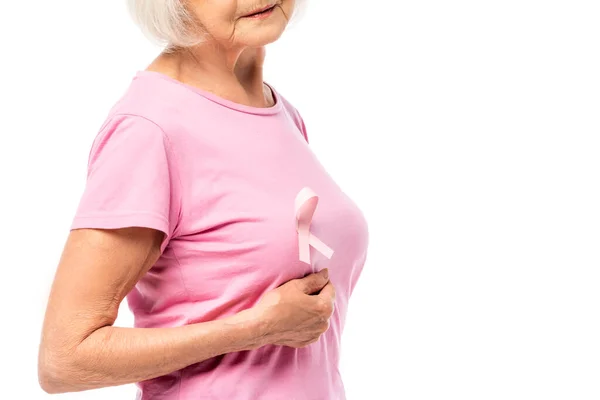 Cropped View Elderly Woman Pink Ribbon Shirt Isolated White — Stock Photo, Image