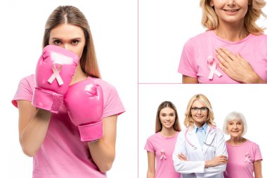 Göğüs kanseri farkındalığıyla boks eldivenli kadın kolajı ve beyaz tenli kadınların yanında duran bir doktor.