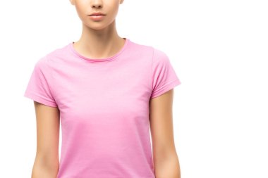 Cropped view of young adult woman in pink t-shirt isolated on white clipart