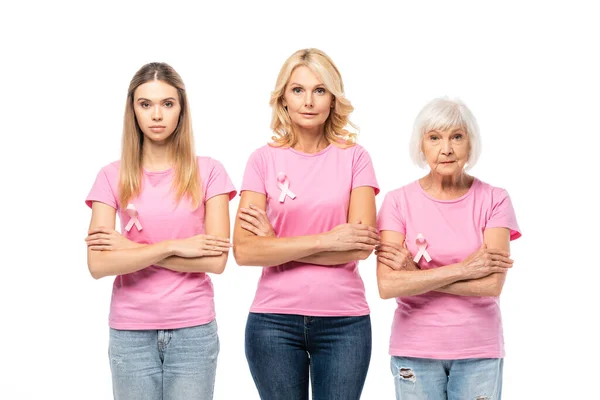 Women Crossed Arms Ribbons Breast Cancer Awareness Looking Camera Isolated — Stock Photo, Image