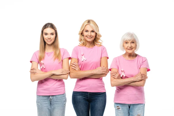 Women Pink Ribbons Breast Cancer Awareness Crossed Arms Looking Camera — Stock Photo, Image