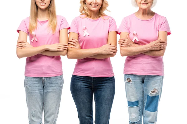 Cropped View Women Pink Ribbons Breast Cancer Awareness Isolated White — Stock Photo, Image