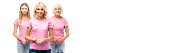 Панорамний Знімок Жінок Стрічками Усвідомлення Раку Молочної Залози Дивиться Камеру — стокове фото