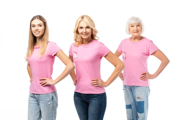 Women Hands Hips Looking Camera Isolated White Concept Breast Cancer — Stock Photo, Image