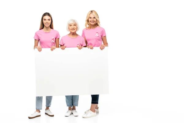 Women Pink Ribbons Breast Cancer Awareness Holding Empty Board White — Stock Photo, Image