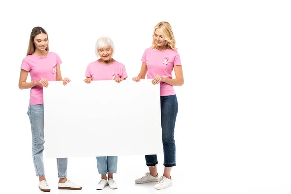 Frauen Betrachten Leere Tafeln Auf Weißem Hintergrund Brustkrebs Aufklärungskonzept — Stockfoto