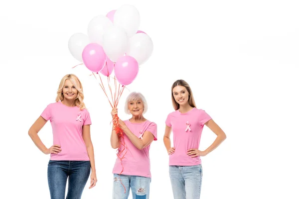 Women Pink Shirts Ribbons Balloons Looking Camera Isolated White — Stock Photo, Image