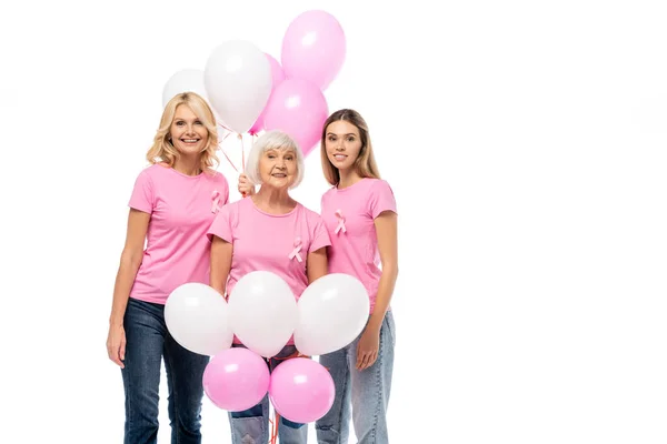 Kvinnor Med Rosa Band Och Ballonger Tittar Kameran Isolerad Vit — Stockfoto