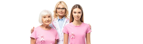 Website Header Doctor Embracing Women Pink Ribbons Isolated White — Stock Photo, Image