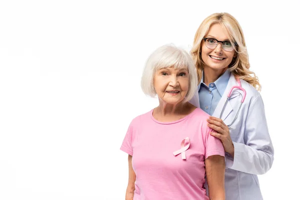 Woman Pink Ribbon Looking Camera Doctor Isolated White — Stock Photo, Image